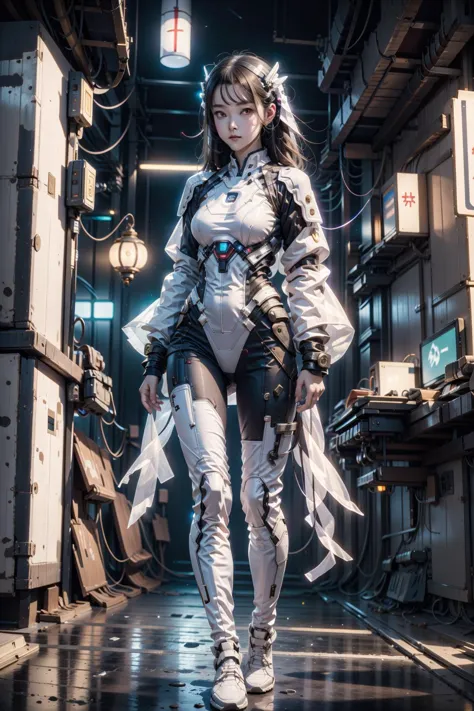 1girl, white owl in barn,  <lora:CyberChineseClothes_B:0.8>, cyberchineseclothes,cyberpunk,