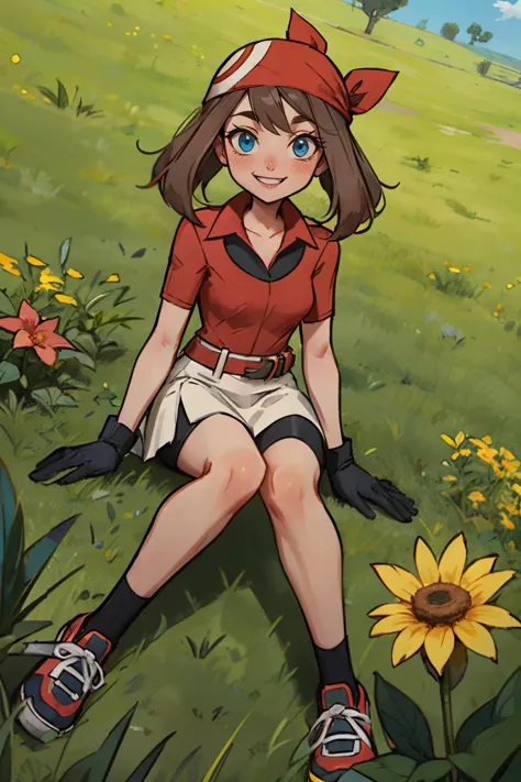 pkmnmay, blue eyes, brown hair, bangs, red bandana,short sleeves, red jacket, wing collar, white skirt, black shorts, shorts under skirt, belt, two-tone gloves, shoes, looking at viewer, smiling, teeth, sitting, wariza, on grass, outside, park, flowers, sunny, high quality, masterpiece  <lora:PKMN_May_Gen3_v1:.9>