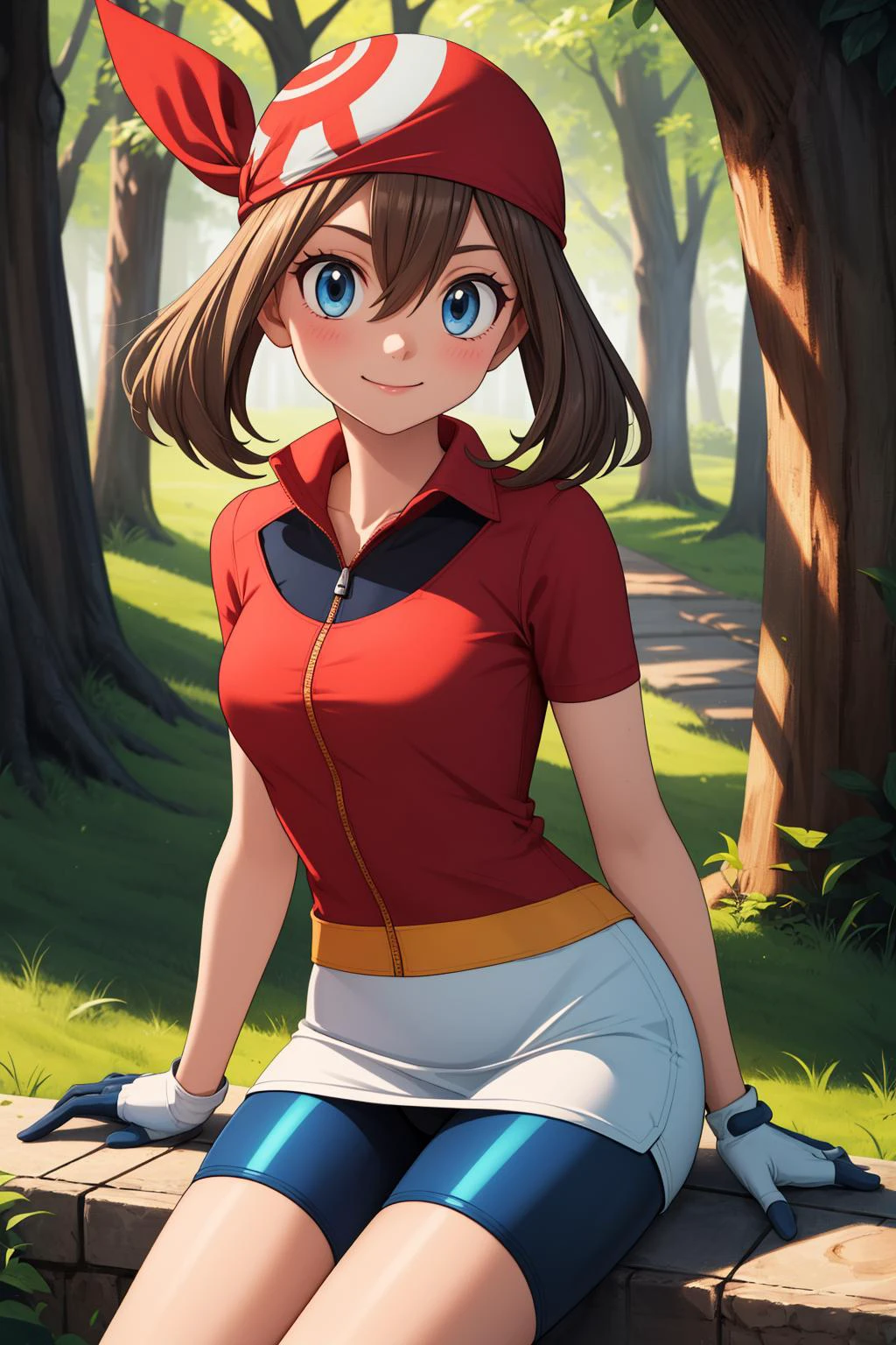 pkmnmay, 1fille, seulement, yeux bleus, cheveux bruns, frange, cheveux entre les yeux, bandana rouge,
manches courtes, manteau rouge, col cassé, jupe blanche, shorts noirs, short de vélo, short de vélo under skirt, gants blancs, gants noirs, gants bicolores,
sourire,bouche fermée,tir de cow-boy,séance,
forêt,Extérieur,
(incroyablement détaillé, beau visage détaillé, chef-d&#39;œuvre, meilleure qualité) éclairage cinématographique,