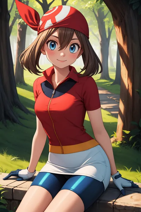 pkmnmay, 1girl, solo, blue eyes, brown hair, bangs, hair between eyes, red bandana,
short sleeves, red jacket, wing collar, white skirt, black shorts, bike shorts, bike shorts under skirt, white gloves, black gloves, two-tone gloves,
smile,closed mouth,cowboy shot,sitting,
forest,outdoor,
(insanely detailed, beautiful detailed face, masterpiece, best quality) cinematic lighting,<lora:PKMN_May_Gen3_v1:1>, <lora:more_details:0.3>,