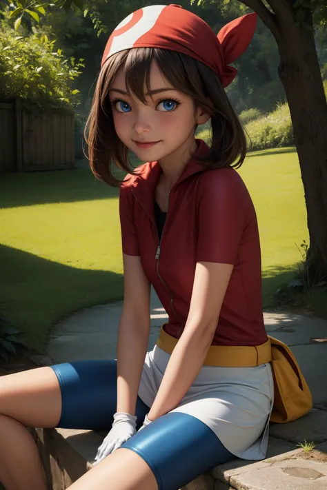 pkmnmay, 1fille, seulement, yeux bleus, cheveux bruns, frange, cheveux entre les yeux, bandana rouge,
manches courtes, Manteau rouge, col cassé, jupe blanche, Shorts noirs, short de vélo, short de vélo under skirt, Gants blancs, gants noirs, Gants bicolores,
sourire,bouche fermée,tir de cow-boy,Séance,
forêt,Extérieur,
(Incroyablement détaillé, beau visage détaillé, chef-d&#39;œuvre, Meilleure qualité) Éclairage cinématographique,