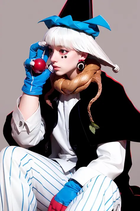 masterpiece, best quality,  <lora:shinnkouhyou:1>1boy,white hair,solo, striped pants, earrings, gloves, striped, jewelry, hat,