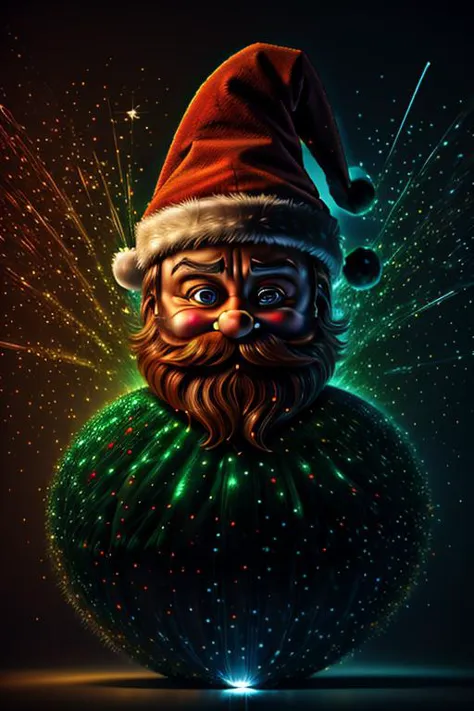 a santa claus christmas ornament with a glowing beard and a green sweater