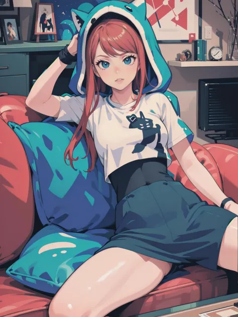 anime girl sitting on a couch with a hoodie on