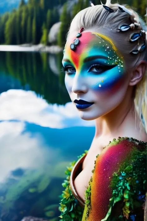 a close up of a woman with a colorful face paint