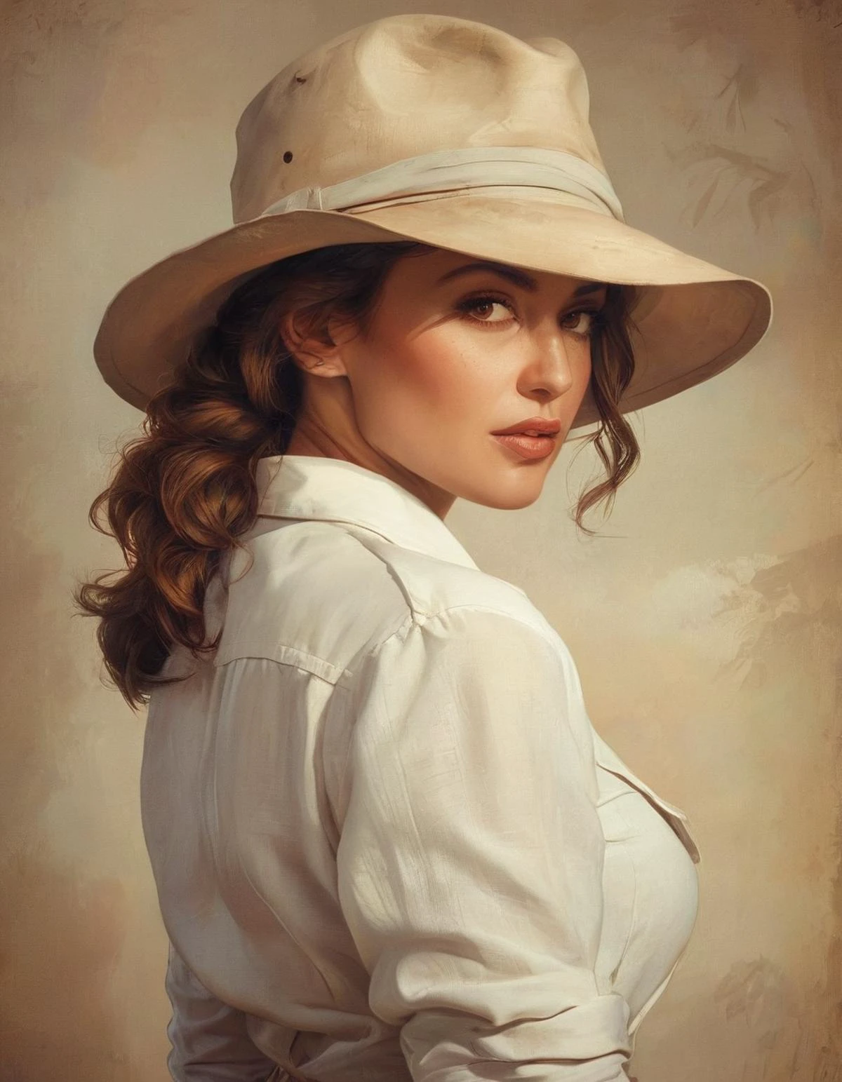 (肖像), (特寫), 性感的 36 歲女人, 回頭看, 20年代的冒險家服裝, 解開釦子的淺色亞麻襯衫, 白色狩獵帽, 赤褐色麵包,插圖, 電影般的, 膠片顆粒 (((咬自己的嘴唇)))