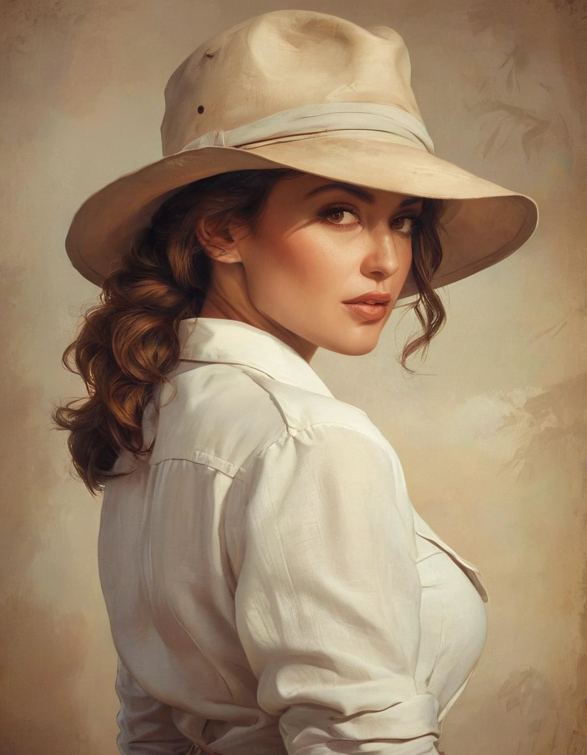 (portrait), (closeup), sexy 36 year old woman, looking back over shoulder, 20s adventurer outfit, unbuttoned open light linen shirt, white safari hat, auburn bun,ilustration, cinematic, film grain (((biting on own lips)))