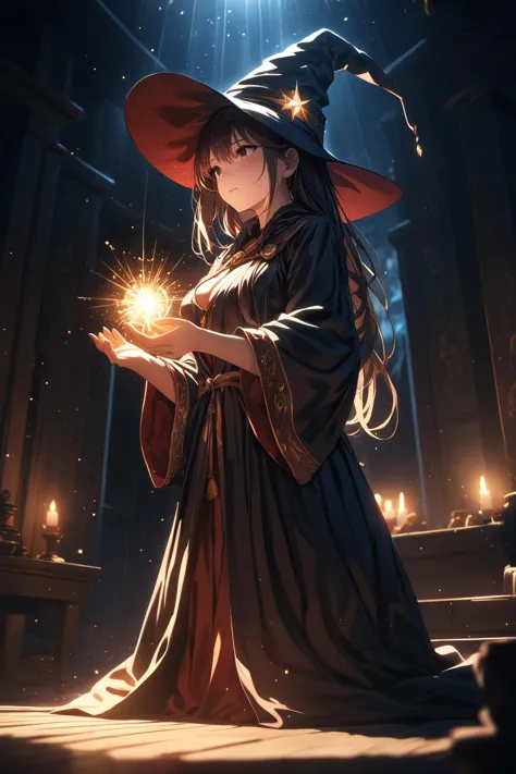 1girl, solo, wizard hat, robe, soul in hands, spelling, dark room, light particles, depth of field, soft lighting, masterpiece, best quality, (Depth of field hdr 8k 4k wallpaper cinematic angle, cinematic lighting,:1.5) (masterpiece, best quality:2.0)