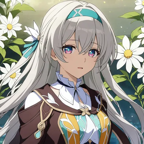 a woman with long white hair and blue eyes standing in front of flowers