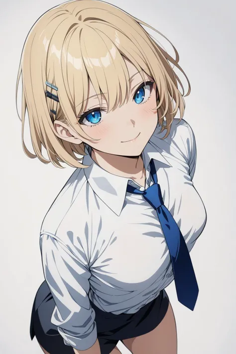 1girl, short hair, blonde hair, blue eyes, small breasts, white shirt, collared shirt, necktie, hairpin, seductive smile,
white background, simple background, anime coloring,
masterpiece, best quality,
from above