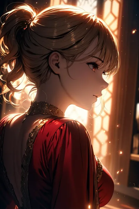 back focus, from behind, blonde hair, long hair, high ponytail, long ponytail, red eyes, long eyelashes, thick eyelashes, looking at viewer, red dress, backless dress, gold trim dress, puffy sleeves, juliet sleeves, long sleeves, red sleeves, light particles, blurry, bloom, shiny hair (Depth of field hdr 8k 4k wallpaper cinematic angle, cinematic lighting,:1.5) (masterpiece, best quality:2.0), (Depth of field hdr 8k 4k wallpaper cinematic angle, cinematic lighting,:1.5) (masterpiece, best quality:2.0)