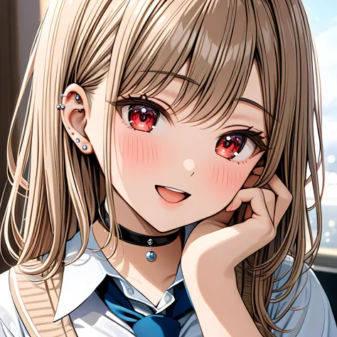 anime girl with long hair and red eyes wearing a tie