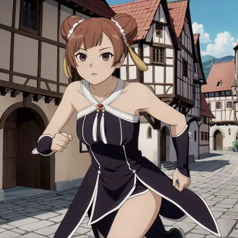 anime girl in a black dress running down a street