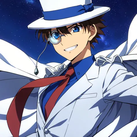 anime screencap,best quality,masterpiece,looking down,looking at viewer,a shadow face,grin,
<lora:kaitou_kid:0.7>,<lora:DetailedEyes_V3:1.6>,
1boy,solo,meitantei_conan,kaitou_kid,
blue_shirt,white_jacket,magic_kaito,dress_shirt,necktie,monocle_chain,top_hat,monocle,red_necktie,white_suit,white_cape,formal,cape,
starry_sky,open arms,wind,evening town,