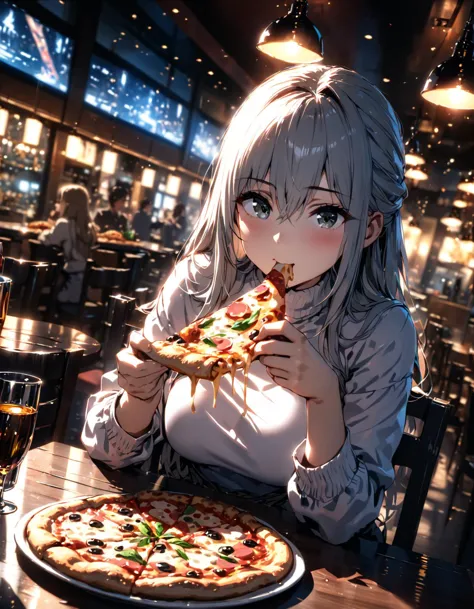 anime girl eating pizza in a restaurant with a glass of beer