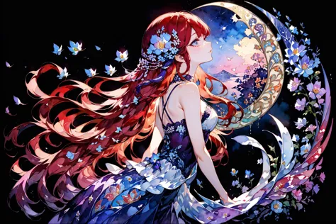 anime girl with long red hair and flowers in her hair