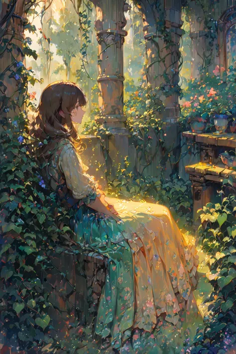 style of Gaston Bussiere, (Masterpiece:0.9), best quality, (illustration, incredibly absurdres:0.95), ultra detailed, solo, 1girl, shirt, Wild Growth, cozy room with a wall of herbs, plant, HDR, natural light, Oil painting, [(white Background:1.2)::0.2], (Green Vines pattern background:1.2), <lora:tbh214-sdxl:1> <lora:anime enhancer V3 xl:0.85> <lora:aesthetic_anime_v1s:1.2>