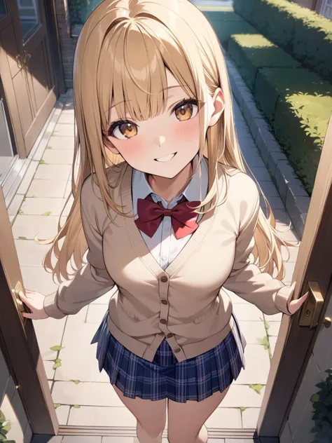 cute 1girl, blonde hair, (straight hair), bangs on one side, head tilt, (waist), light brown cardigan, plaid skirt, red bowtie, arms behind back, looking at viewer, happy smile, entrance, outdoor, from above, teenage, (depth of field), masterpiece, best quality