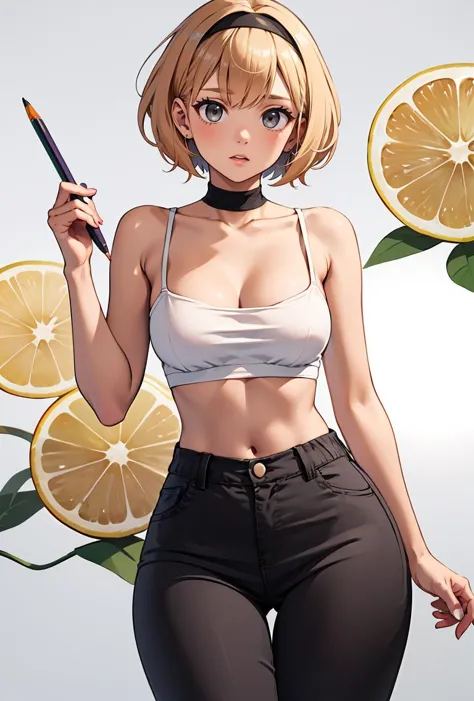 anime girl with a pencil and a lemon