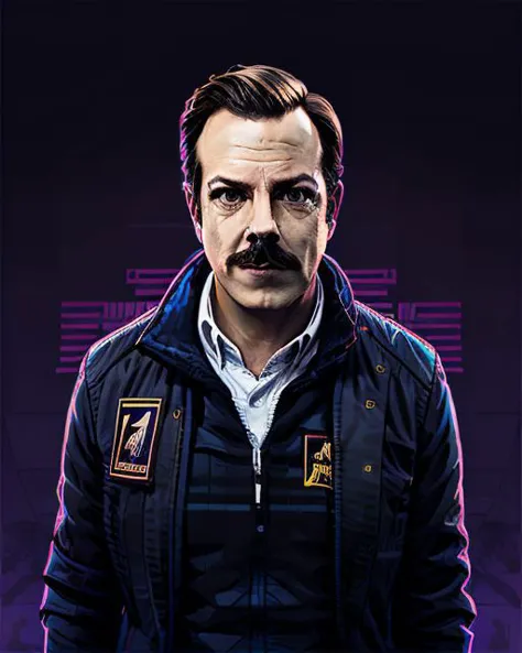 a man with a mustache and a jacket on standing in front of a purple background