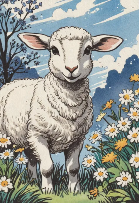 ethereal fantasy concept art of   Inkdrawing, by Kr355e,  cute cartoon character, lamb enjoying springtime flowers, (((masterpiece))),(best quality),    <lora:SDXL_Inkdrawing_Directors_Cut_E:0.8> . magnificent, celestial, ethereal, painterly, epic, majestic, magical, fantasy art, cover art, dreamy