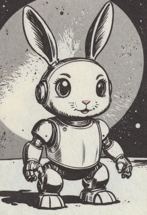 a close up of a cartoon rabbit with a robot on the moon