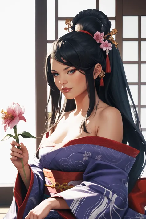 a woman in a kimono dress holding a flower in her hand