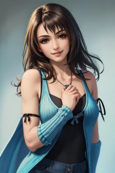 (masterpiece, best quality:1.2), solo, 1girl, rinoa heartilly, smile, looking at viewer, sweater, sleeveless, arm warmers, neckl...