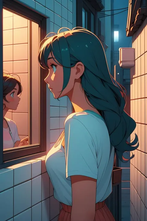 anime girl looking at herself in the mirror in the bathroom