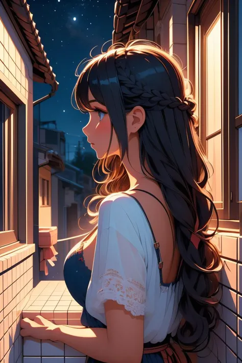 (masterpiece, best quality), 1girl, Terracotta Waterfall Braid with Curls, Size G breasts,   <lora:girllikenightalley:1> night alley, 2girl, side viewer girl, back view girl, looking inside window, white tile wall