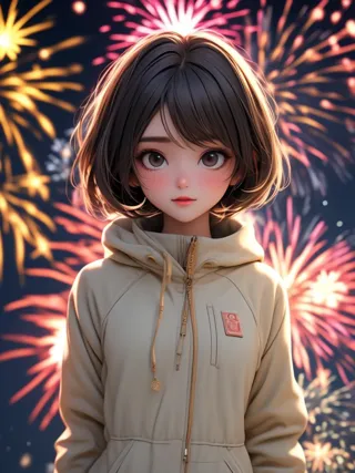 WenX,1girl,solo,23 years old,black eyes,bob cut,small breasts,slim,looking at viewer,(snowsuit),(night),looking at viewer,(spring festival:1.2),(eastern_dragon),(spring festival),(close-up:1.2),detailed face,
(The background of fireworks blooming in the air:1.4),3D,
masterpiece,16k,best quality,perfact light,intricate details,ultra-detailed,
<lora:WenX_20231212092913-000009:0.8>,<lora:blindbox_v1_mix:1>,
<lora:20231207-1701916132763:0.6>,<lora:ChineseNewYear2024:0.6>,