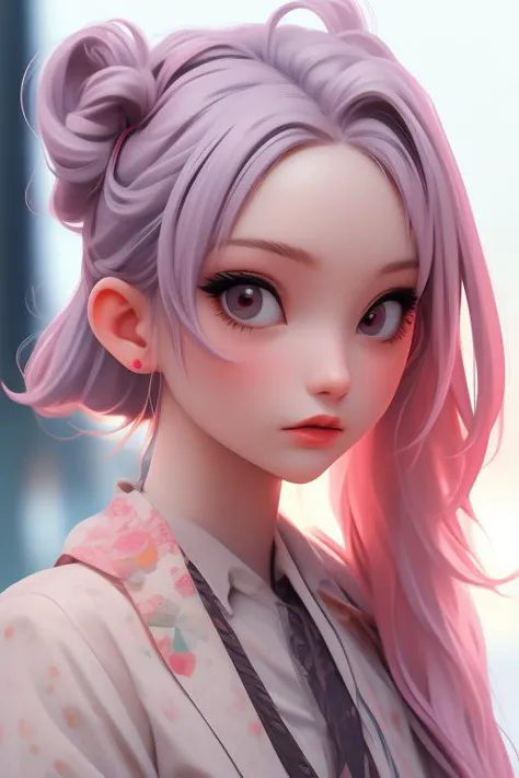 a close up of a doll with pink hair and a tie