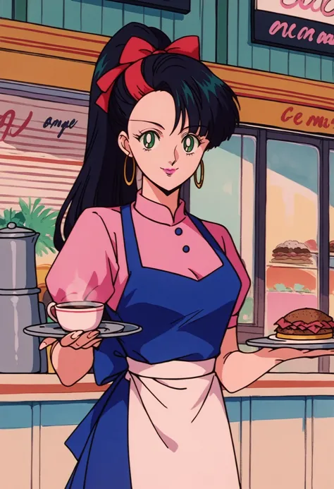 anime girl in apron holding a plate of food in front of a restaurant