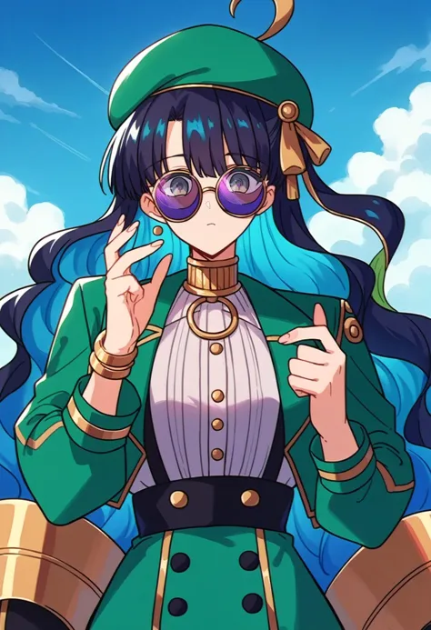 score_9, score_8_up,score_7_up, source_anime, rating_safe, ,looking over eyewear,blue hair,multicolored hair,solo,buttons,purple...