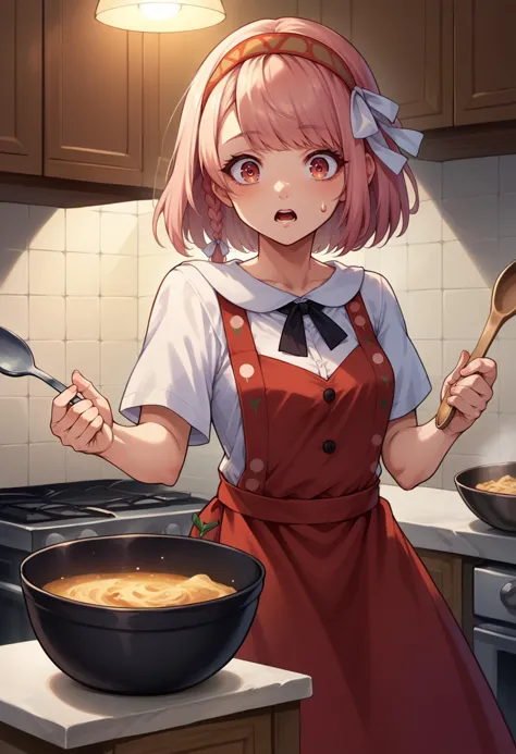 score_9, score_8_up, score_7_up, source_anime, 1girl, cowboy shot, cooking, holding spoon, mixing bowl, looking at you, surprise...