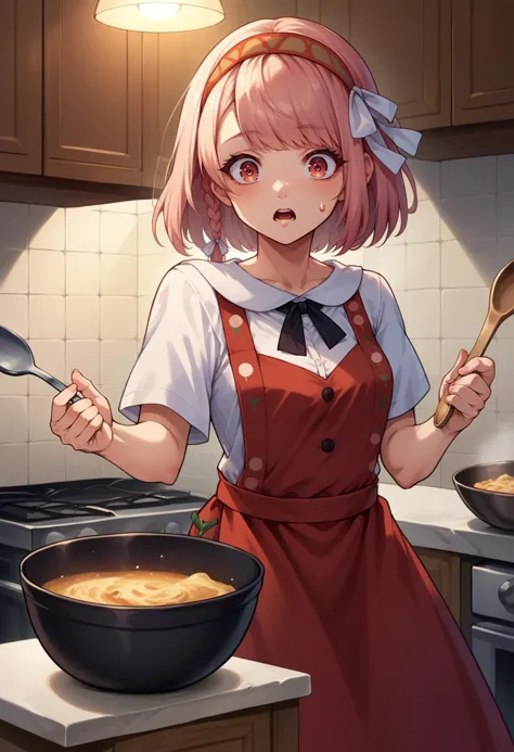 anime girl in apron cooking in kitchen with wooden spoon and pan