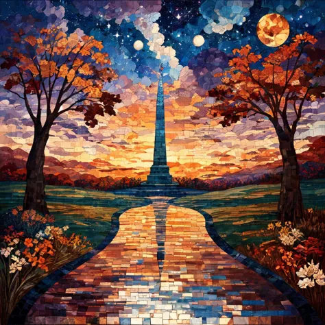 ArsMJStyle, Mosaic, tree, moon, sky, flower, solo, star (sky), reflection, 1girl, scenery, outdoors, starry sky, leaf, full moon, night, brown hair, water, autumn leaves, 1boy, autumn   <lora:ArsMJStyleSD1_-_Mosaic:1>