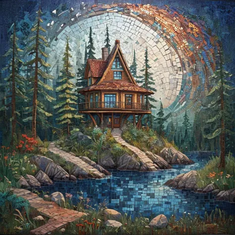 island house in boreal forest biome, ArsMJStyle, Mosaic art  <lora:ArsMJStyle_-_Mosaic:1>