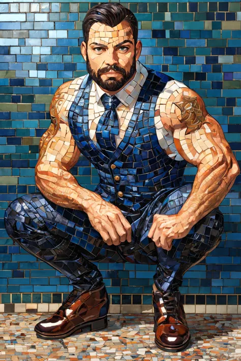 handsome man squatting, <lora:ArsMJStyleSD1_-_Mosaic:0.5> arsmjstyle, mosaic