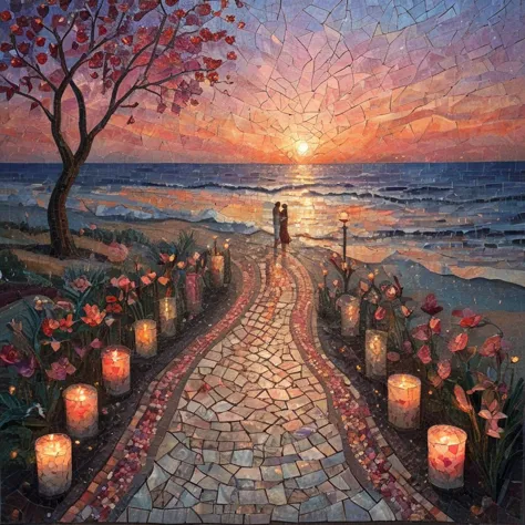 valentines day, vintage, intimate, candles, lovebirds, garden setting, hand-in-hand walks along the beach at sunset, soft, dimmed lights , ArsMJStyle, Mosaic art   <lora:ArsMJStyleSDXL_-_Mosaic:0.9>