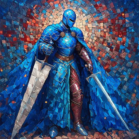 score_9, score_8_up, score_7_up ArsMJStyle, Mosaic, weapon, sword, armor, solo, cape, knight, full armor, 1boy, helmet, male focus, holding, holding sword, holding weapon, blue cape, gauntlets, greaves, ArsMJStyle, Mosaic art  <lora:ArsMJStylePony_-_Mosaic:1>