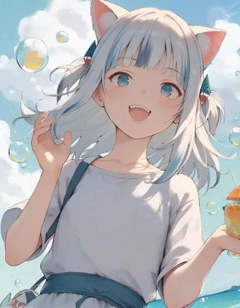 score_9, score_8_up, score_7_up,  pitvinm, a girl holding a frappuccino, smile, open mouth, summer, cat ears, dutch angle, bubbles
 <lora:otohime_style_pony6_v1:.5>