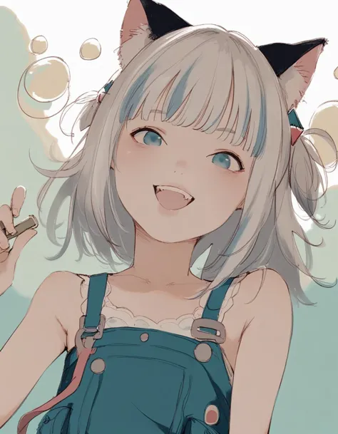 anime girl with cat ears and a blue dress holding a cigarette