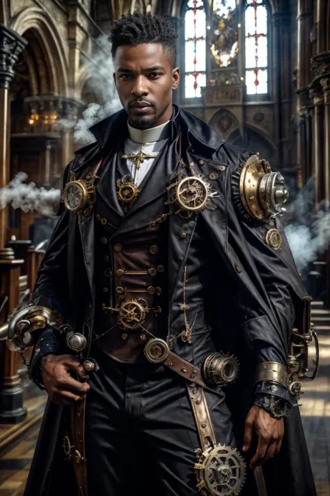 realistic, masterpiece, best quality, cinematic lighting, natural shadow, highest detail, professional photography, detailed background, depth of field, insane details, intricate, aesthetic, detailed face, subsurface scattering, realistic hair, realistic eyes, muscular, photo of a handsome (african man), steam4rmor, wearing steampunk priest robe, dynamic pose, fighting stance, steampunk fantasy background, cross, church,