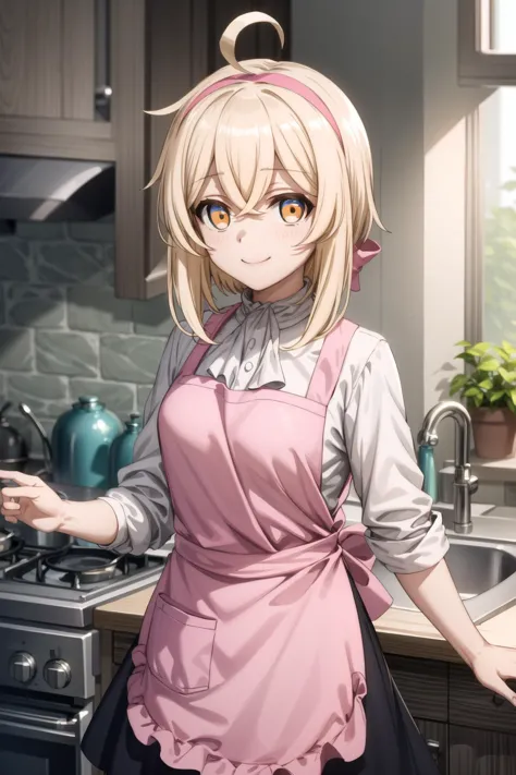 anime girl in a pink apron standing in a kitchen