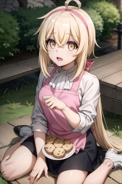 anime girl sitting on the ground eating cookies and looking at the camera