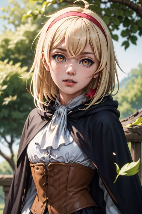 1girl, (masterpiece:1.3), (high resolution), (8K), (extremely detailed), (4k), (pixiv), perfect face, nice eyes and face, (best quality), (super detailed), detailed face and eyes, (solo), textured skin, absurdres, highres, <lora:more_details:0.5>, <lora:alyssa-09:0.7>, alyssawz, orange eyes, black gloves, very long hair, blonde hair, red hairband, black skirt, white shirt, long sleeves, white ascot, ahoge, corset, frills , black cloak, hair ribbon, tree, natural light, natural shadows, cowboy shot, modeling, wind, falling leaves,