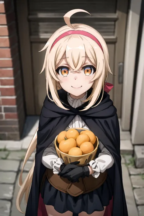 a woman in a cape holding a basket of oranges