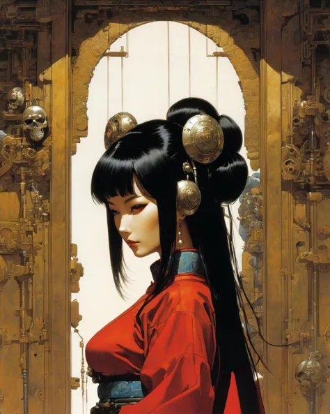 geisha cyborg  
leaning forward, cleavage 
red turtle neck tight suit
 demon 
rituals 
cyborg with tubes connected her back to the wall
mechanical arms
beautiful 
long black hair
skulls 
(art  by Gerald Brom	 Katsuya Terada,   Frank Frazetta )