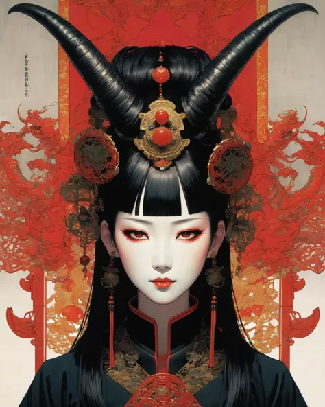 1 female demon praying
oni
horns
cyborg
 , tubes connected her back to the wall
beautiful 
long black hair
mechanical arms
red t...